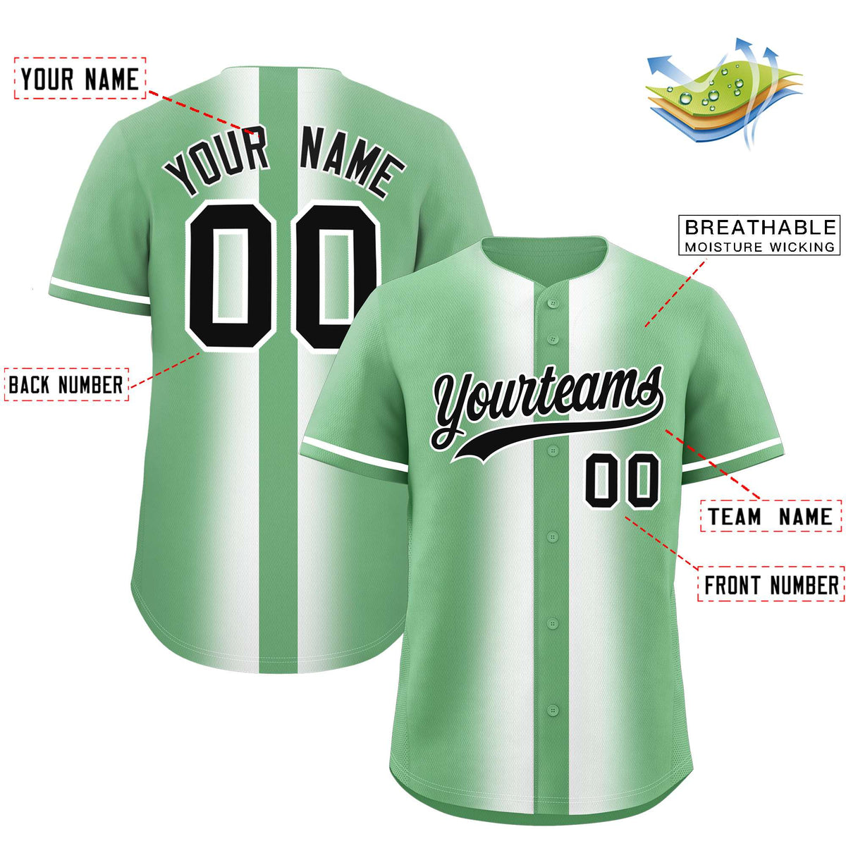 Custom Green White Lapel Gradient Fashion Authentic Baseball Jersey| KXKSHOP