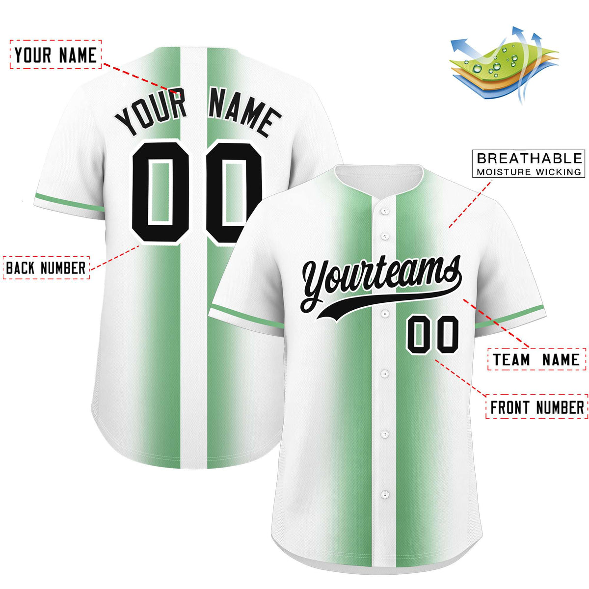 Custom Green White Lapel Gradient Fashion Authentic Baseball Jersey| KXKSHOP
