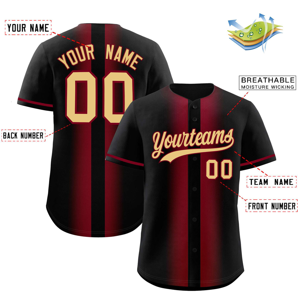 Custom Black Crimson Lapel Gradient Fashion Authentic Baseball Jersey| KXKSHOP