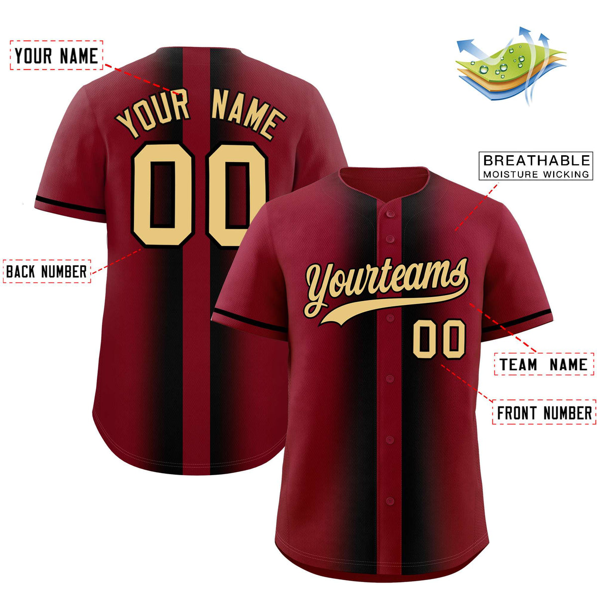 Custom Crimson Black Lapel Gradient Fashion Authentic Baseball Jersey| KXKSHOP