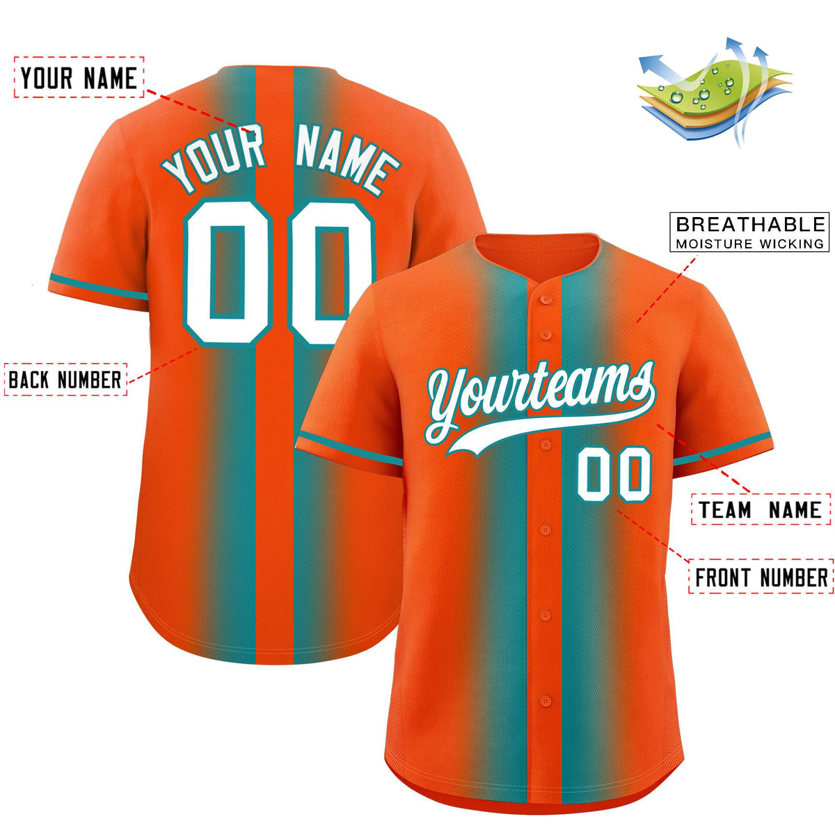 Custom Orange Aqua Lapel Gradient Fashion Authentic Baseball Jersey| KXKSHOP