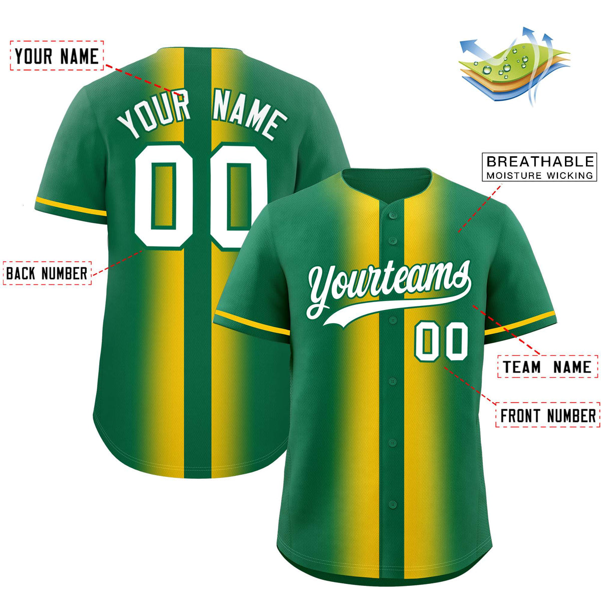 Custom Kelly Green Gold Lapel Gradient Fashion Authentic Baseball Jersey| KXKSHOP