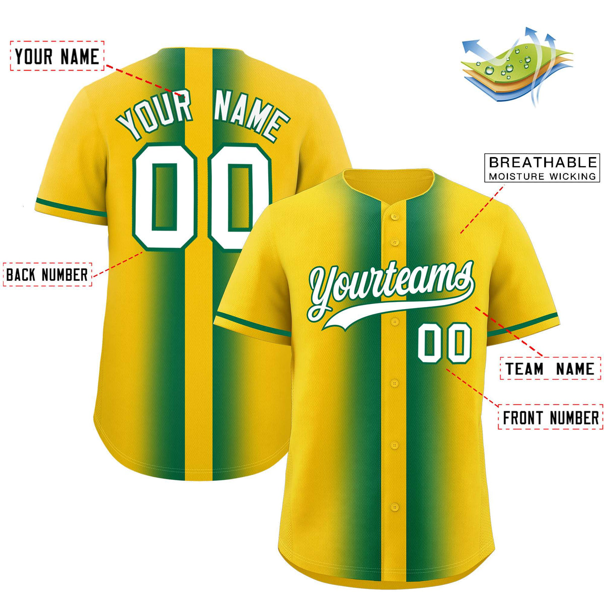 Custom Gold Kelly Green Lapel Gradient Fashion Authentic Baseball Jersey| KXKSHOP