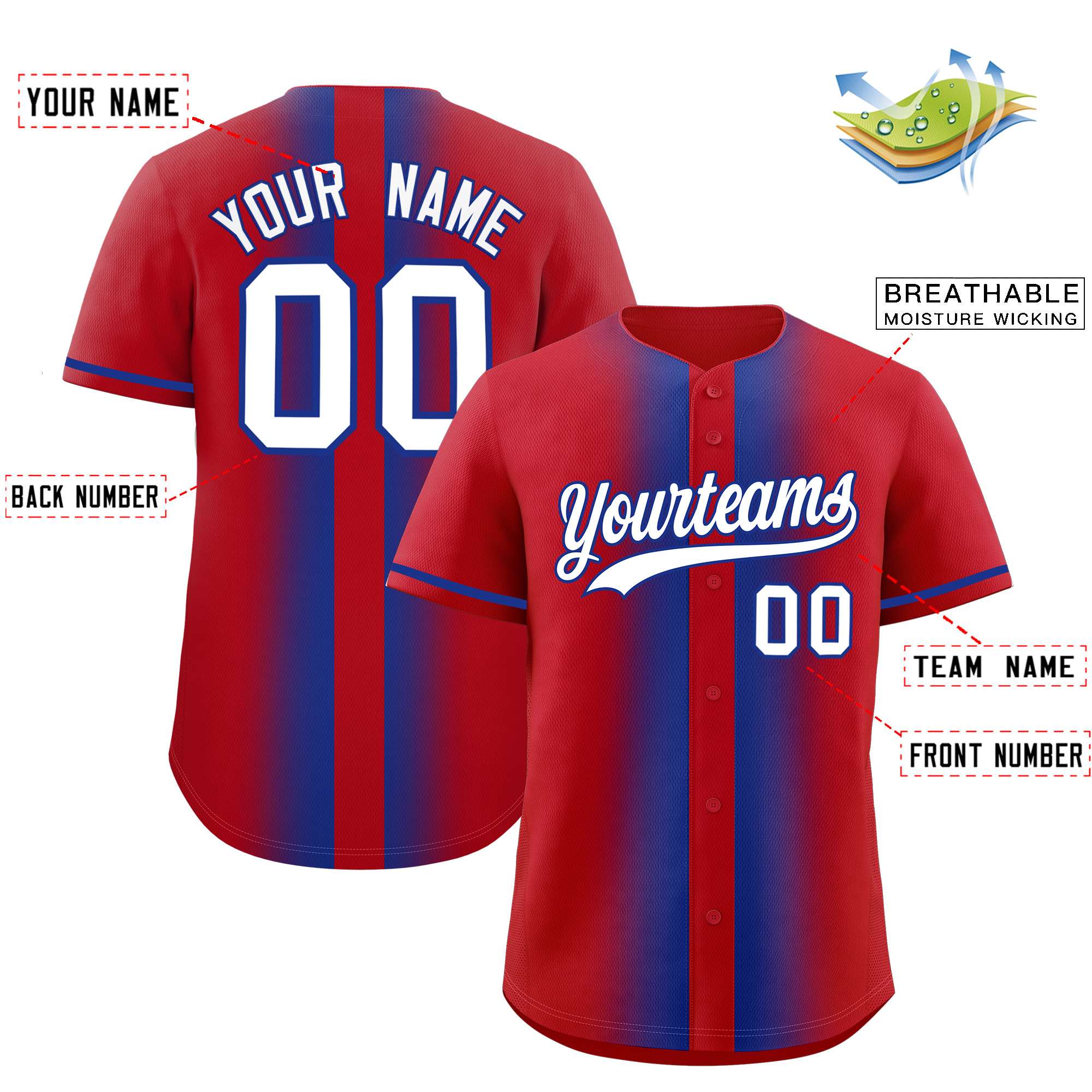 Custom Red Royal Lapel Gradient Fashion Authentic Baseball Jersey| KXKSHOP