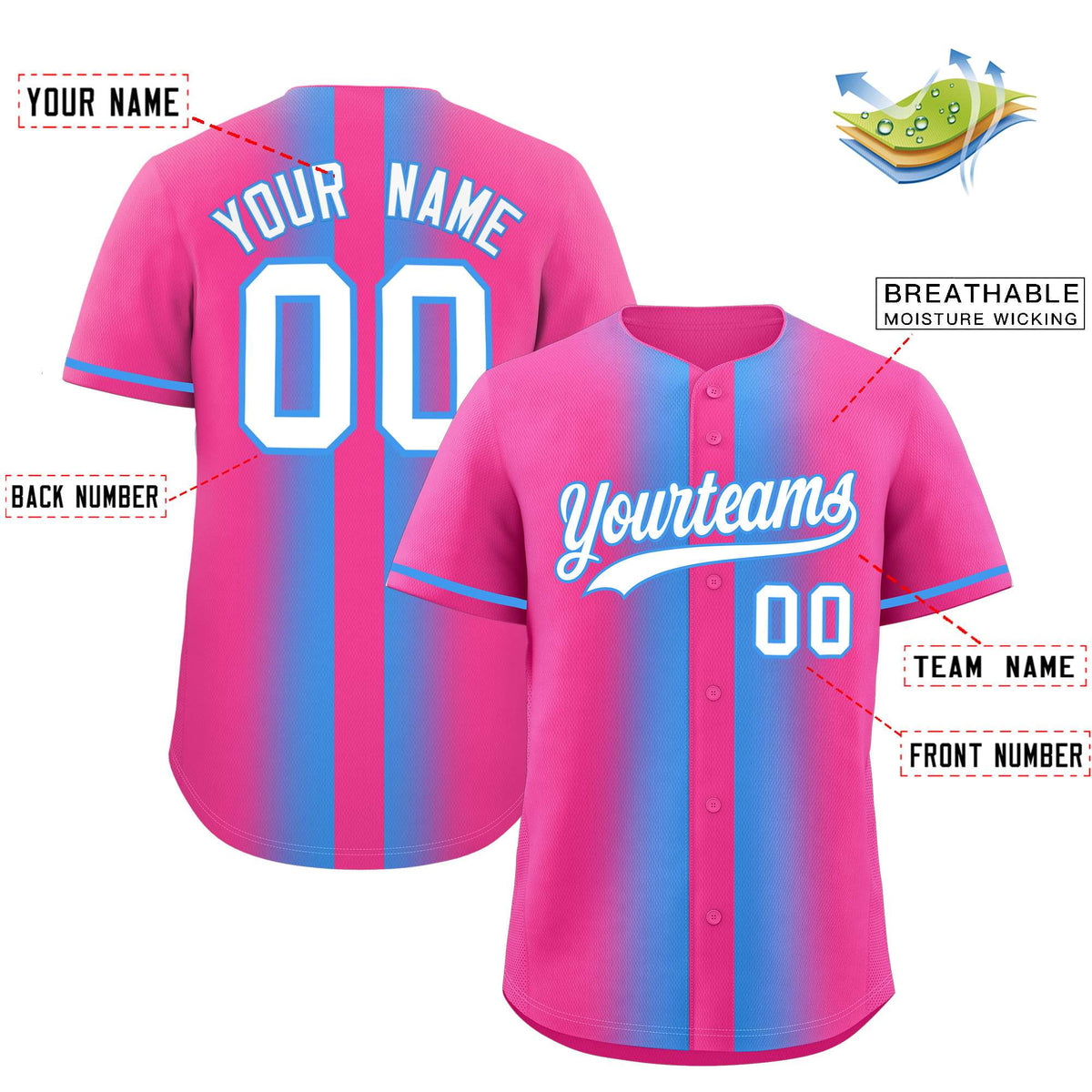 Custom Pink Powder Blue Lapel Gradient Fashion Authentic Baseball Jersey| KXKSHOP