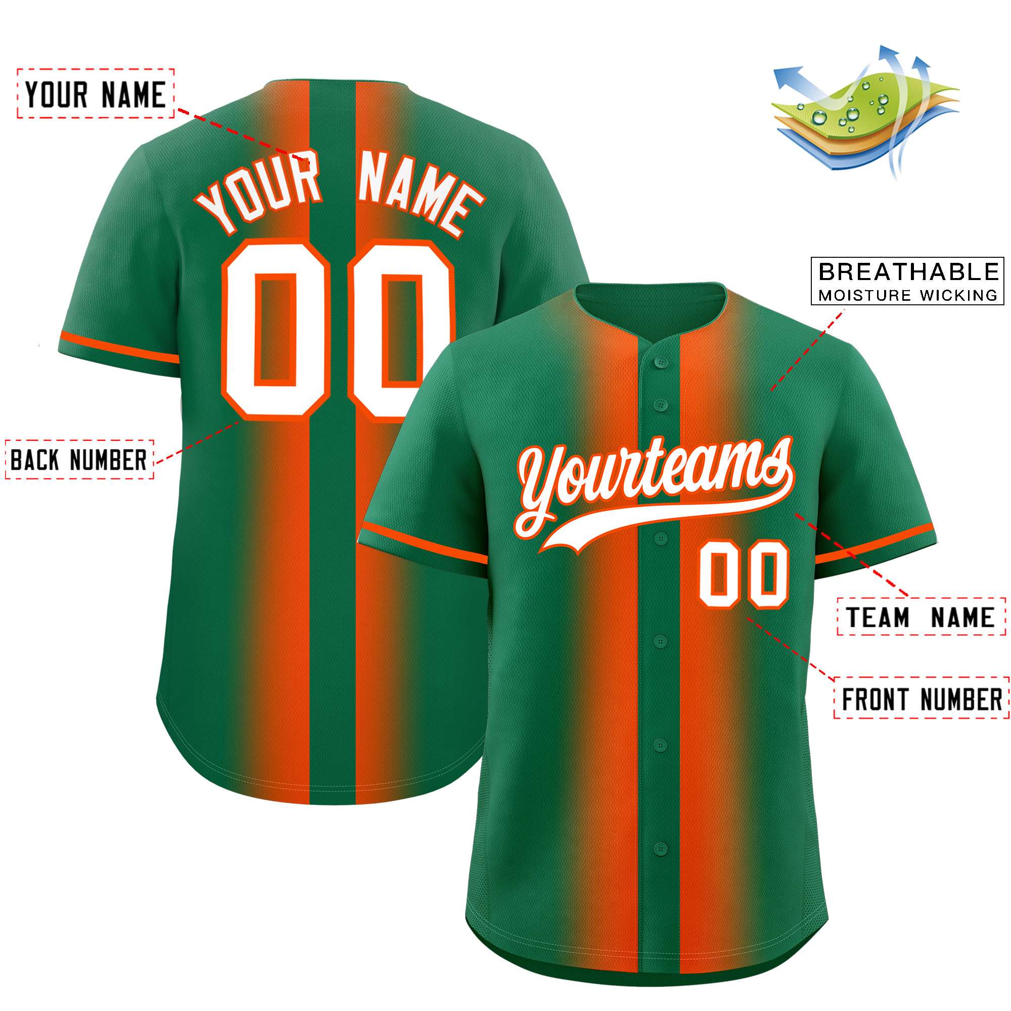 Custom Kelly Green Orange Lapel Gradient Fashion Authentic Baseball Jersey| KXKSHOP