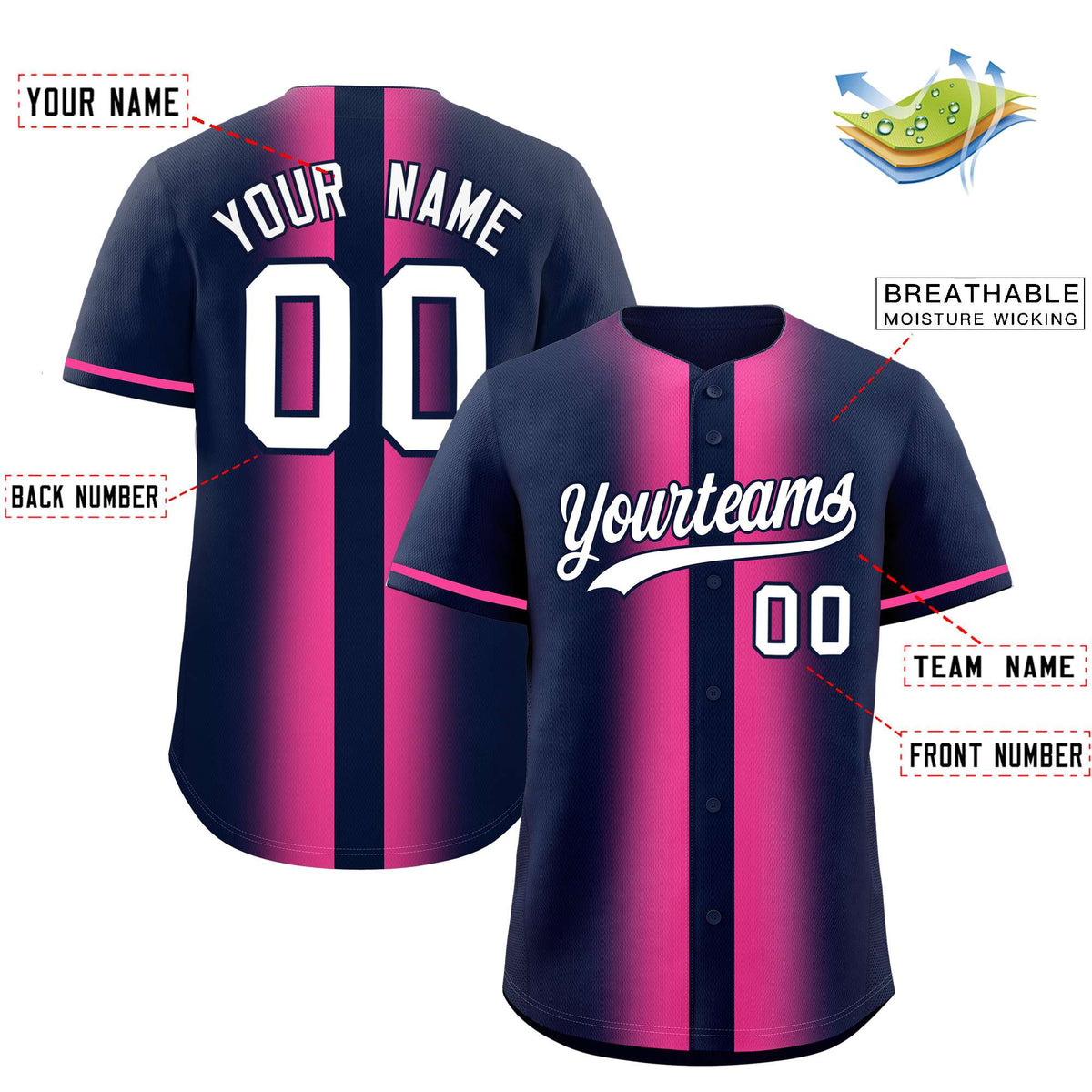 Custom Navy Pink Lapel Gradient Fashion Authentic Baseball Jersey| KXKSHOP