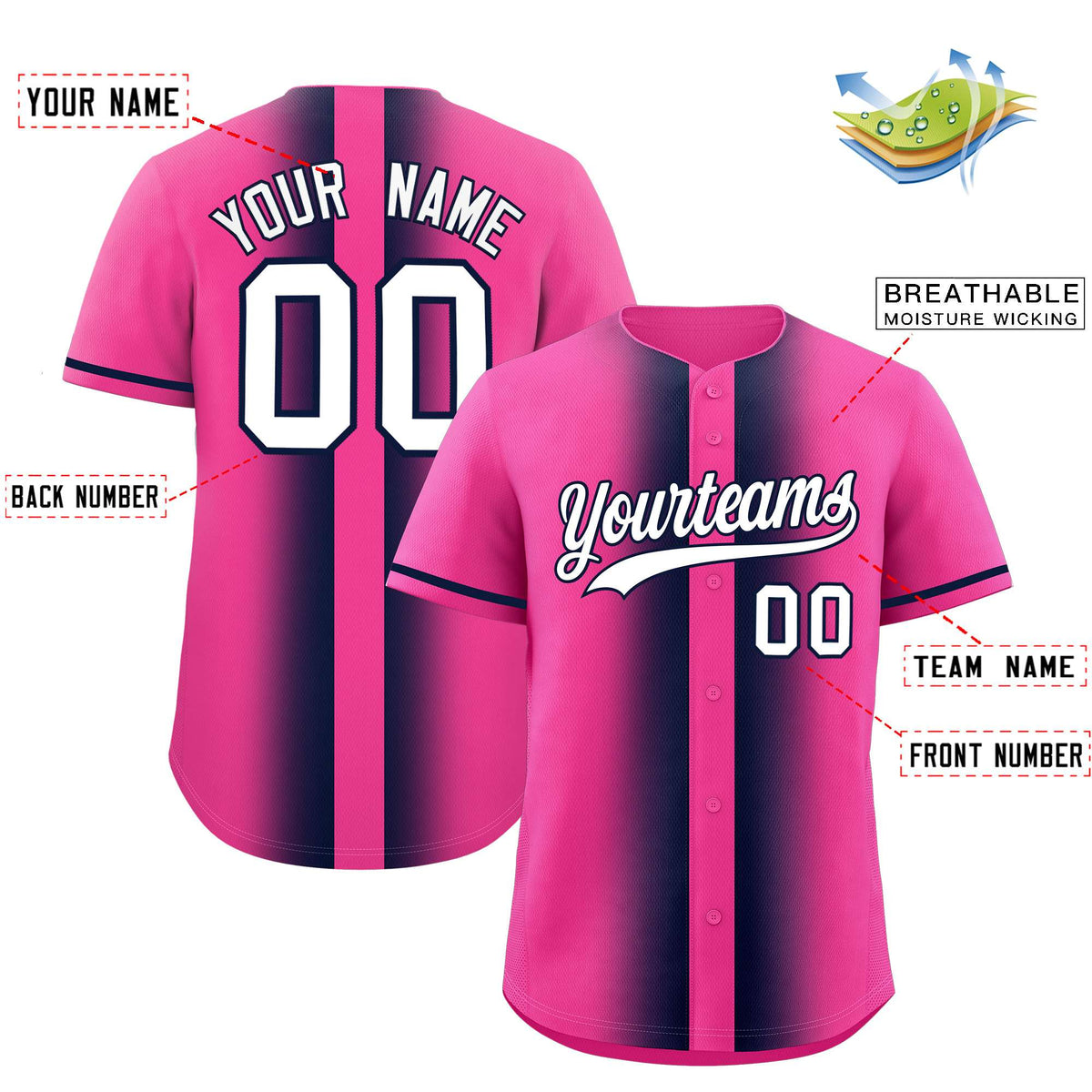 Custom Pink Navy Lapel Gradient Fashion Authentic Baseball Jersey| KXKSHOP