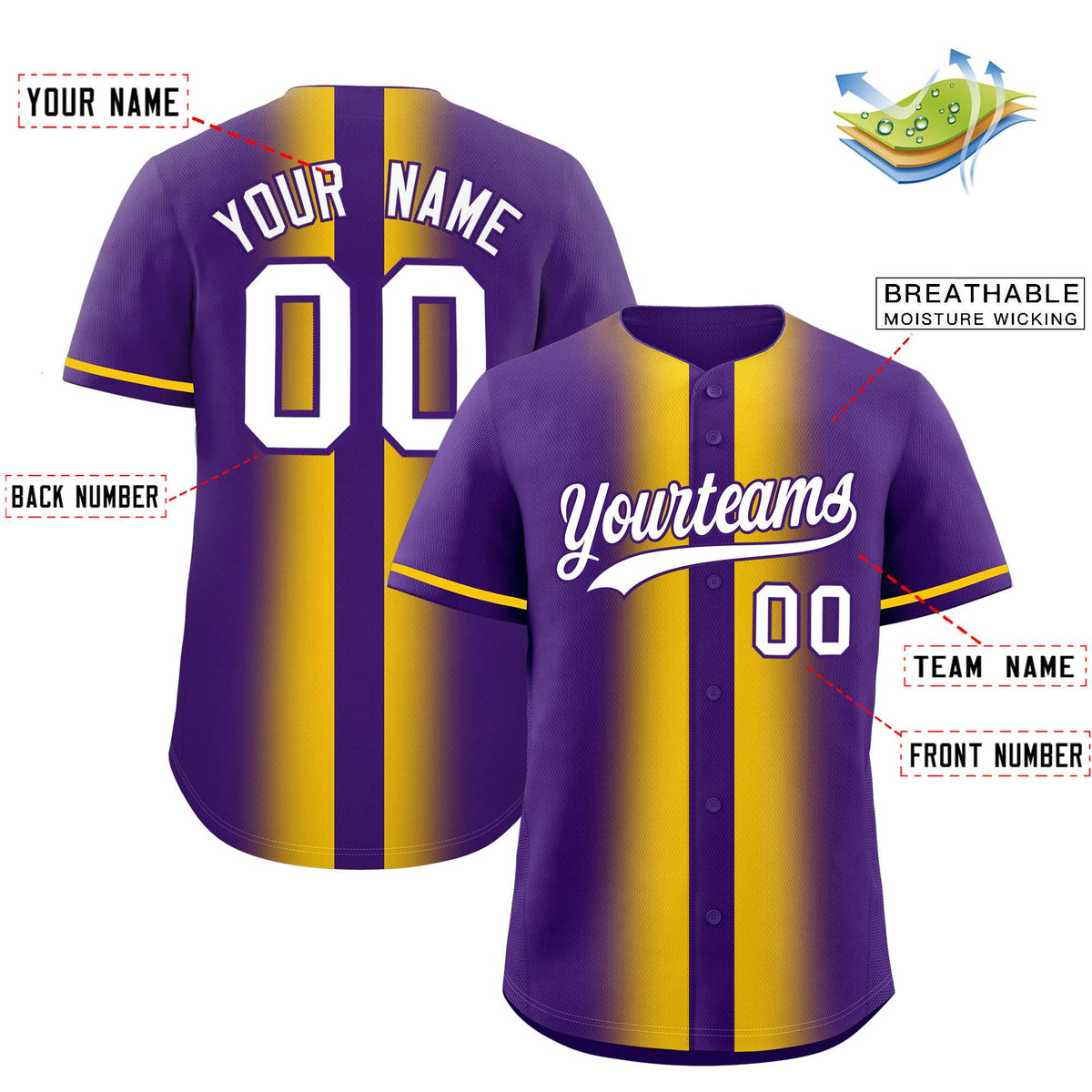 Custom Purple Gold Lapel Gradient Fashion Authentic Baseball Jersey| KXKSHOP