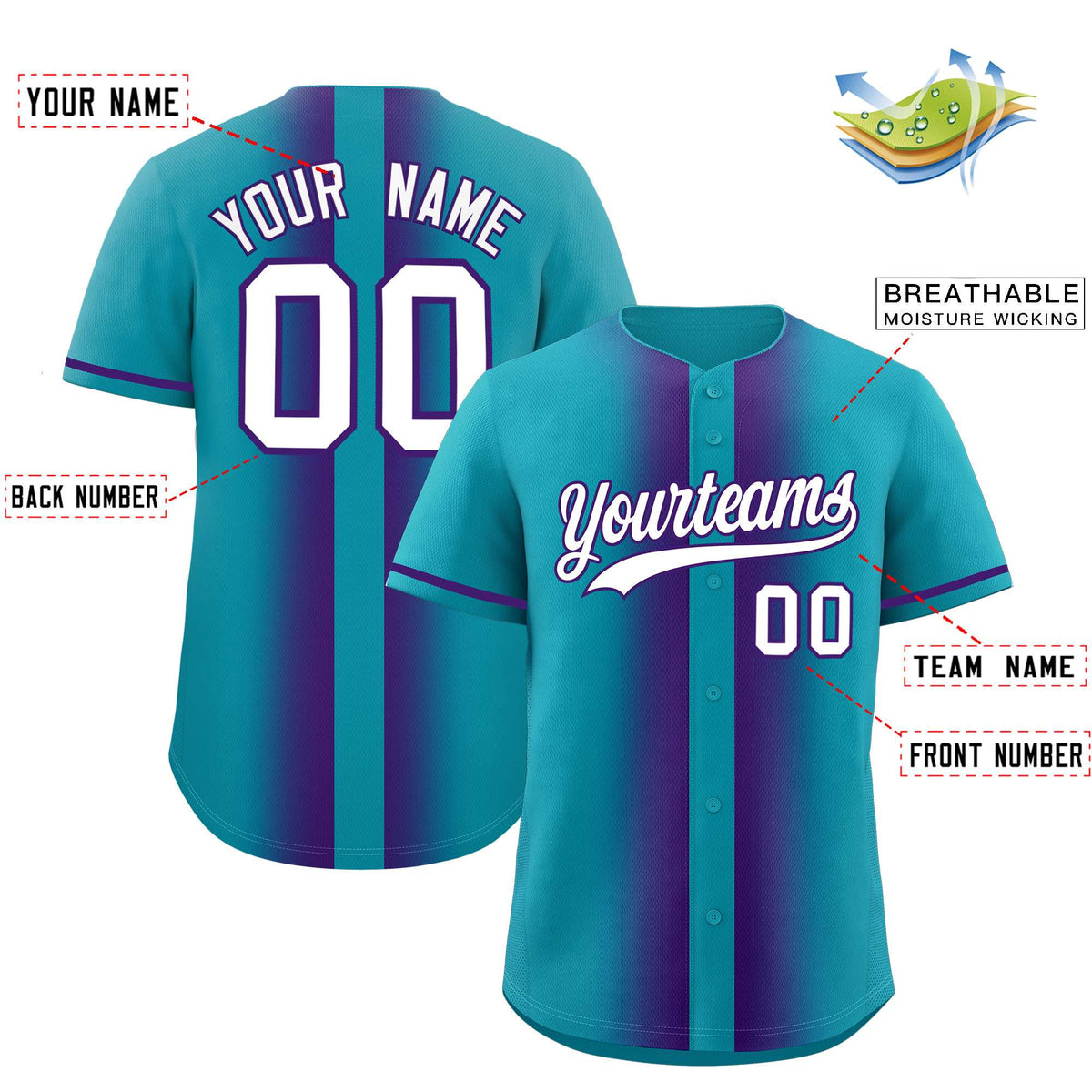 Custom Aqua Purple Lapel Gradient Fashion Authentic Baseball Jersey| KXKSHOP
