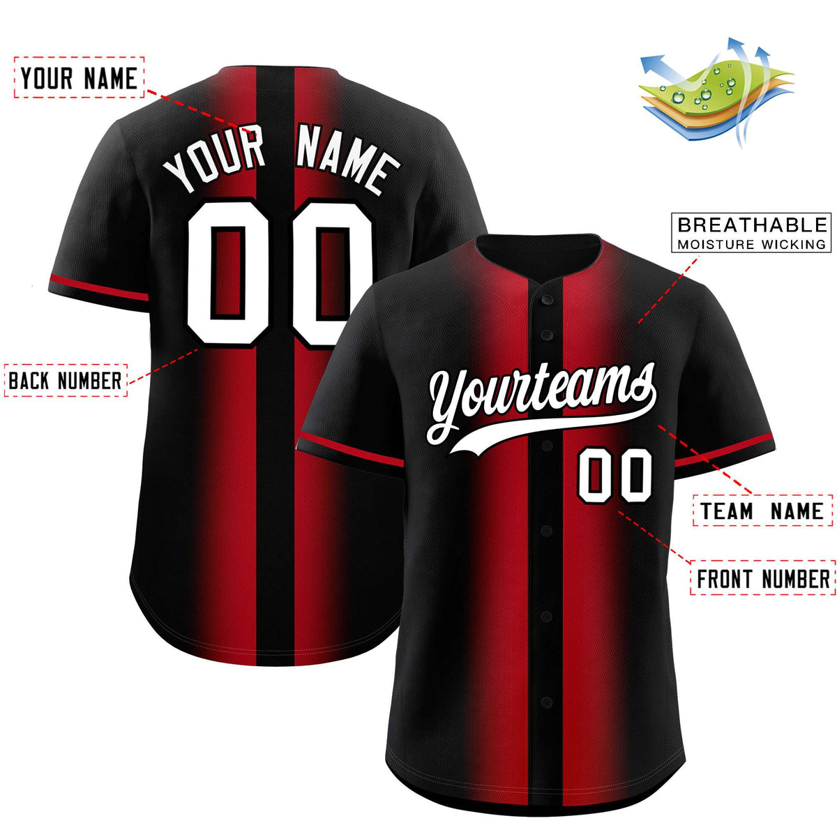 Custom Black Red Lapel Gradient Fashion Authentic Baseball Jersey| KXKSHOP