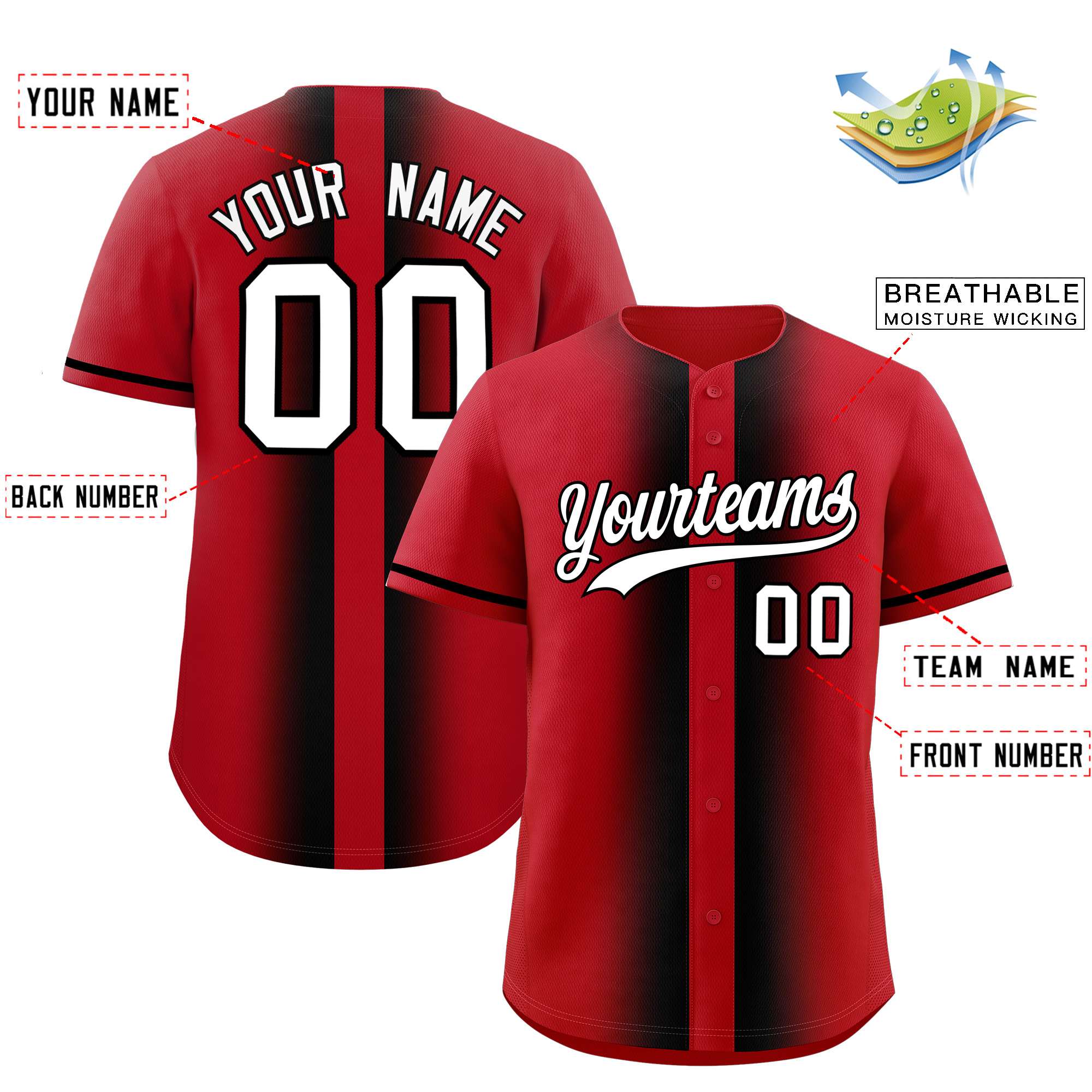 Custom Red Black Lapel Gradient Fashion Authentic Baseball Jersey| KXKSHOP