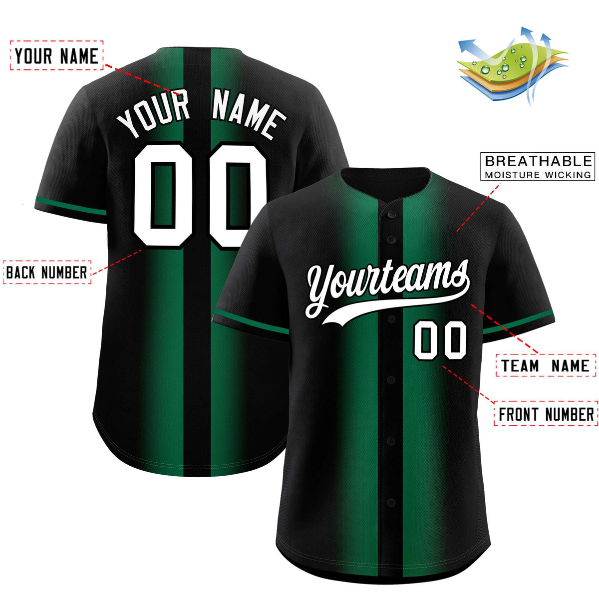 Custom Black Kelly Green Lapel Gradient Fashion Authentic Baseball Jersey| KXKSHOP