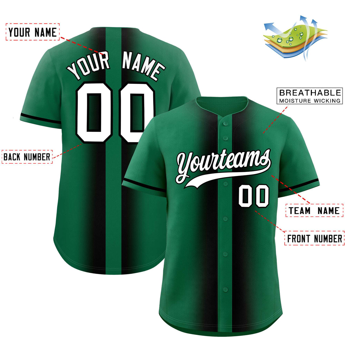 Custom Kelly Green Black Lapel Gradient Fashion Authentic Baseball Jersey| KXKSHOP