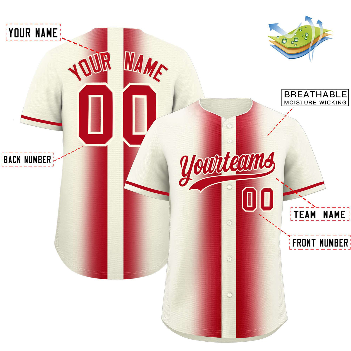 Custom Cream Red Lapel Gradient Fashion Authentic Baseball Jersey| KXKSHOP