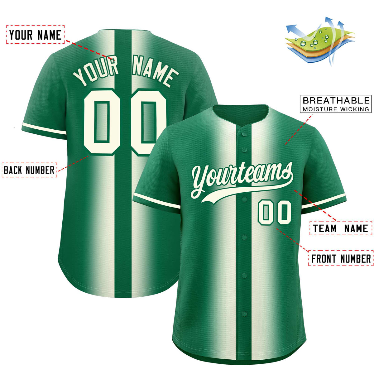 Custom Kelly Green Cream Lapel Gradient Fashion Authentic Baseball Jersey| KXKSHOP