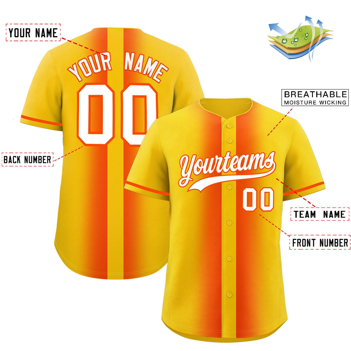 Custom Gold Orange Lapel Gradient Fashion Authentic Baseball Jersey| KXKSHOP