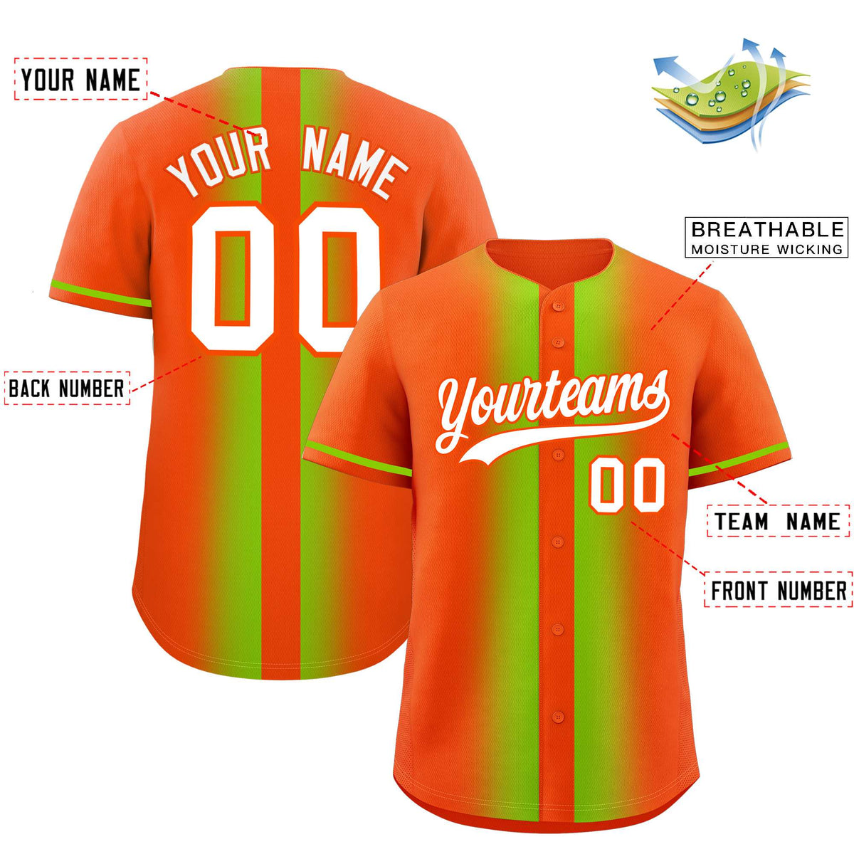 Custom Orange Neon Green Lapel Gradient Fashion Authentic Baseball Jersey| KXKSHOP