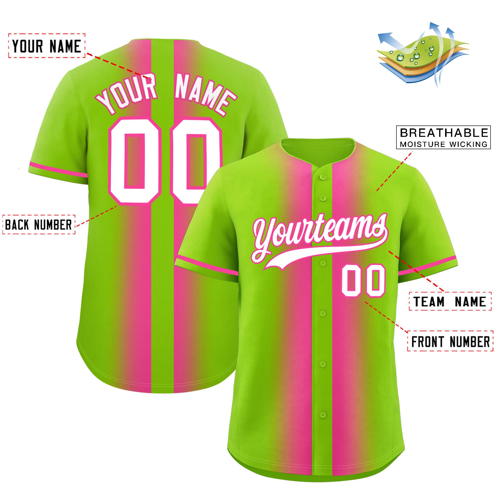 Custom Neon Green Pink Lapel Gradient Fashion Authentic Baseball Jersey| KXKSHOP