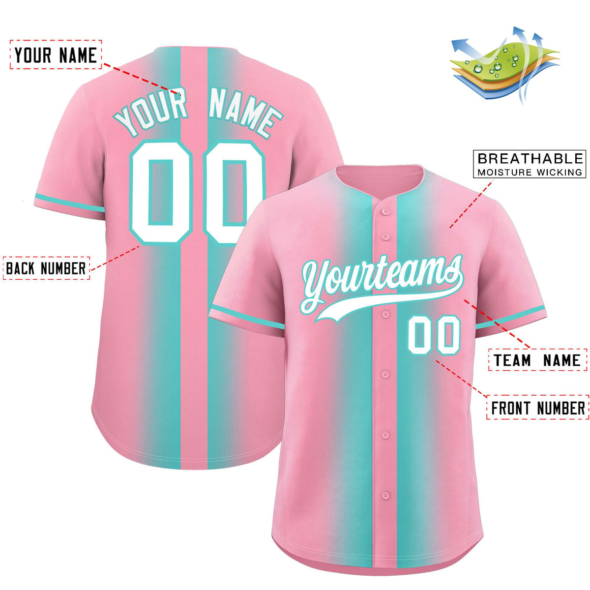 Custom Light Pink Bright Green Lapel Gradient Fashion Authentic Baseball Jersey| KXKSHOP