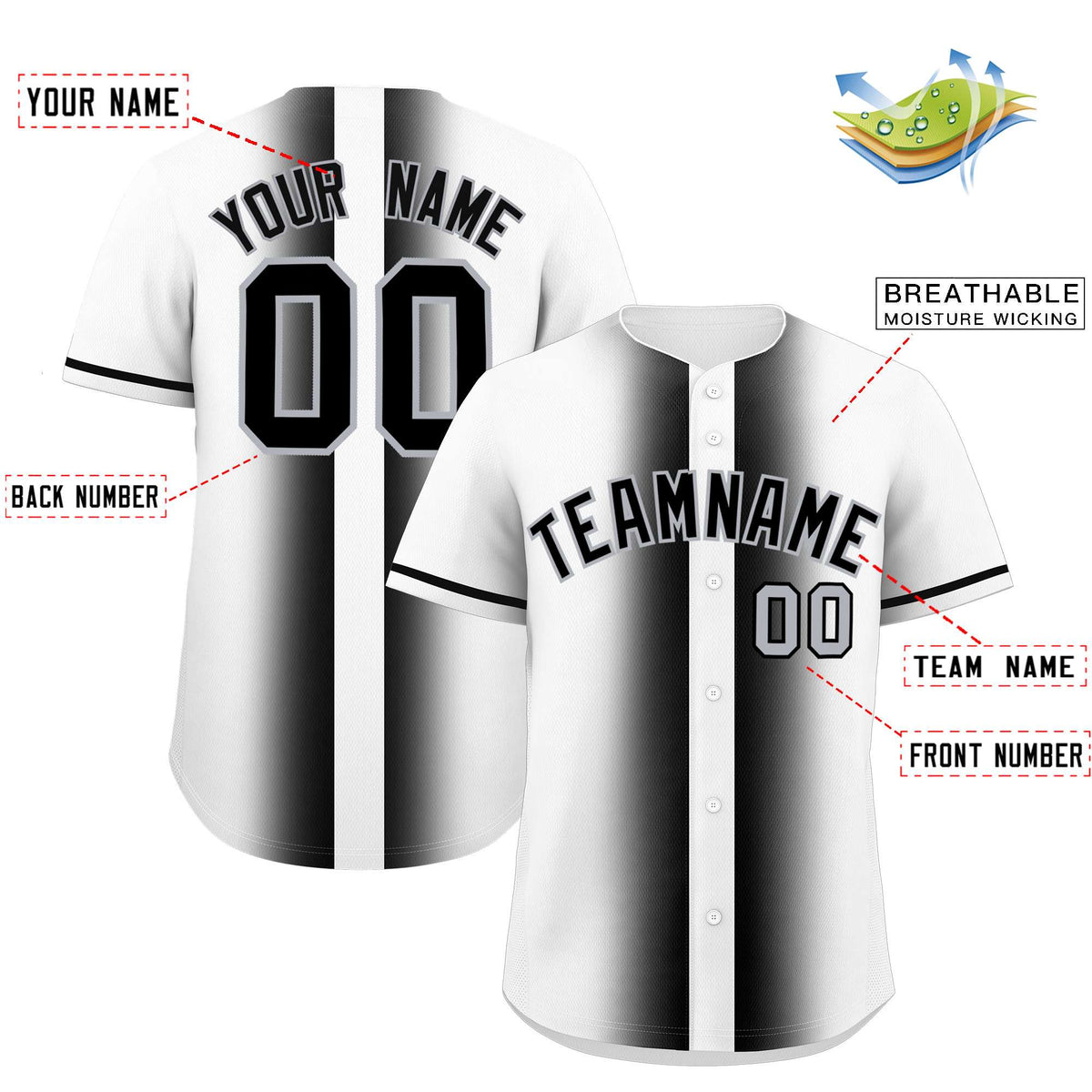 Custom White Black Lapel Gradient Fashion Authentic Baseball Jersey| KXKSHOP