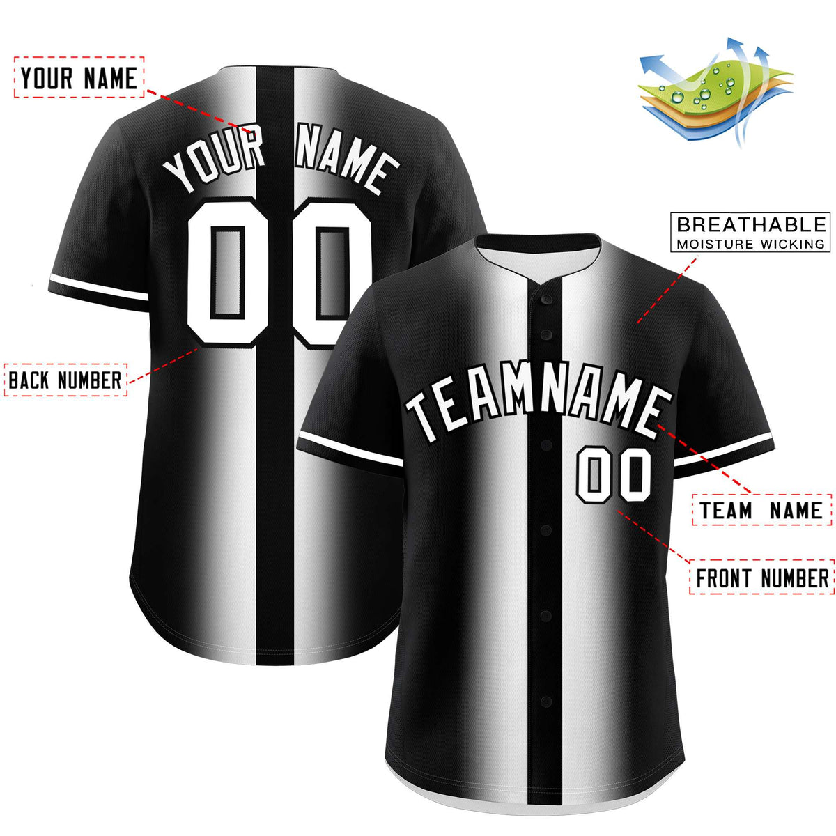 Custom Black White Lapel Gradient Fashion Authentic Baseball Jersey| KXKSHOP