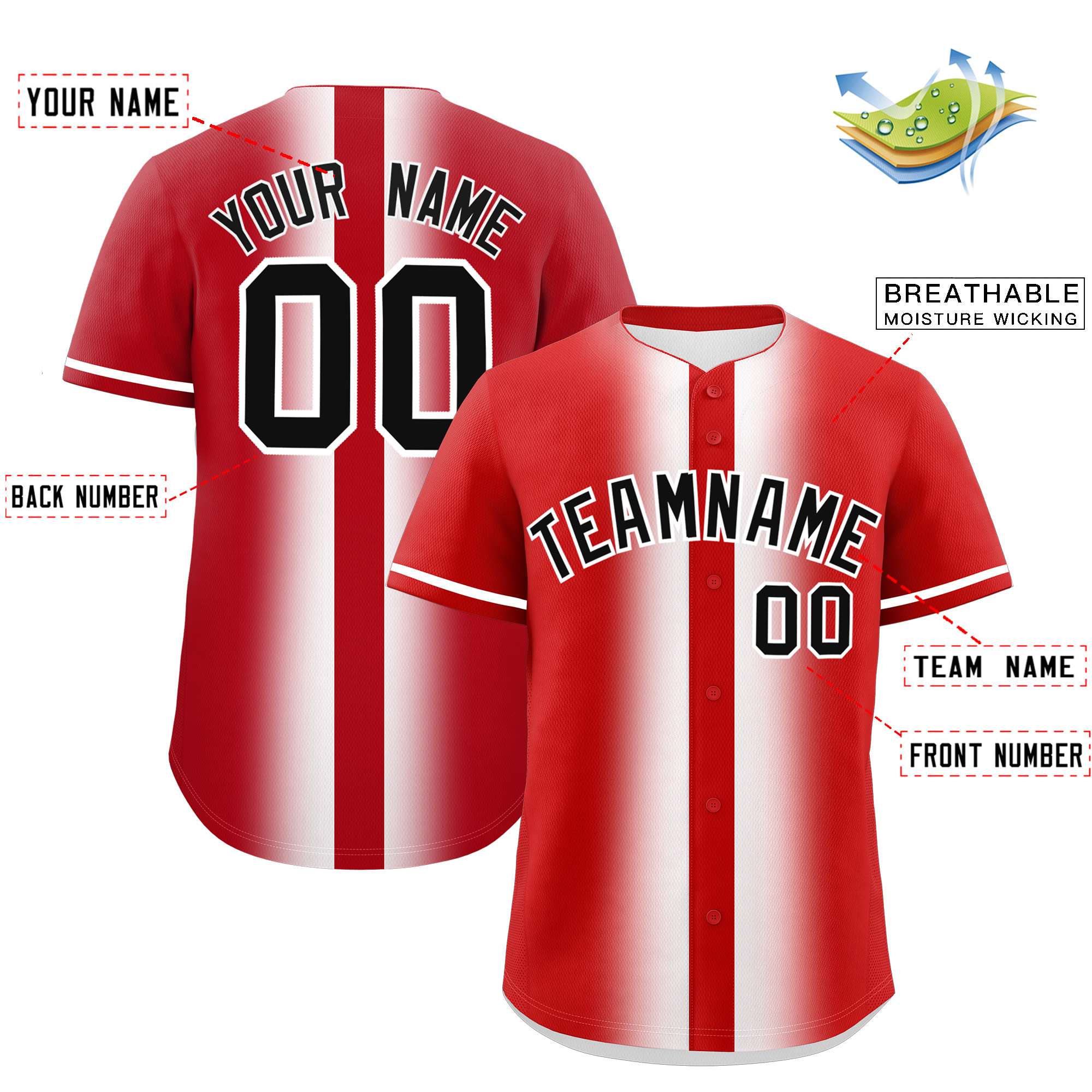 Custom Red White Lapel Gradient Fashion Authentic Baseball Jersey| KXKSHOP