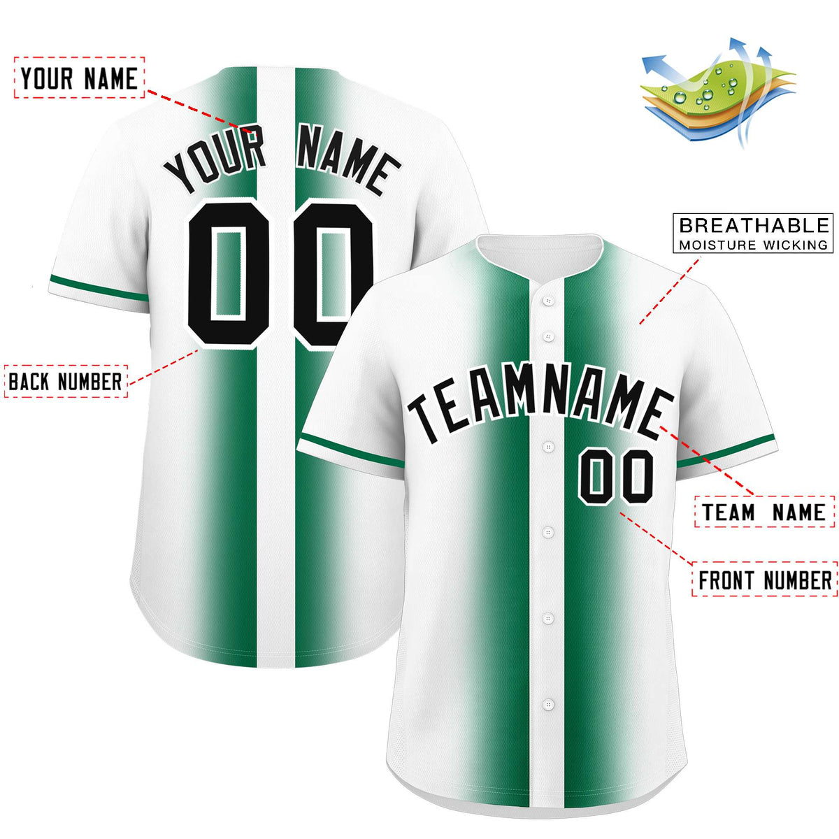 Custom White Kelly Green Lapel Gradient Fashion Authentic Baseball Jersey| KXKSHOP