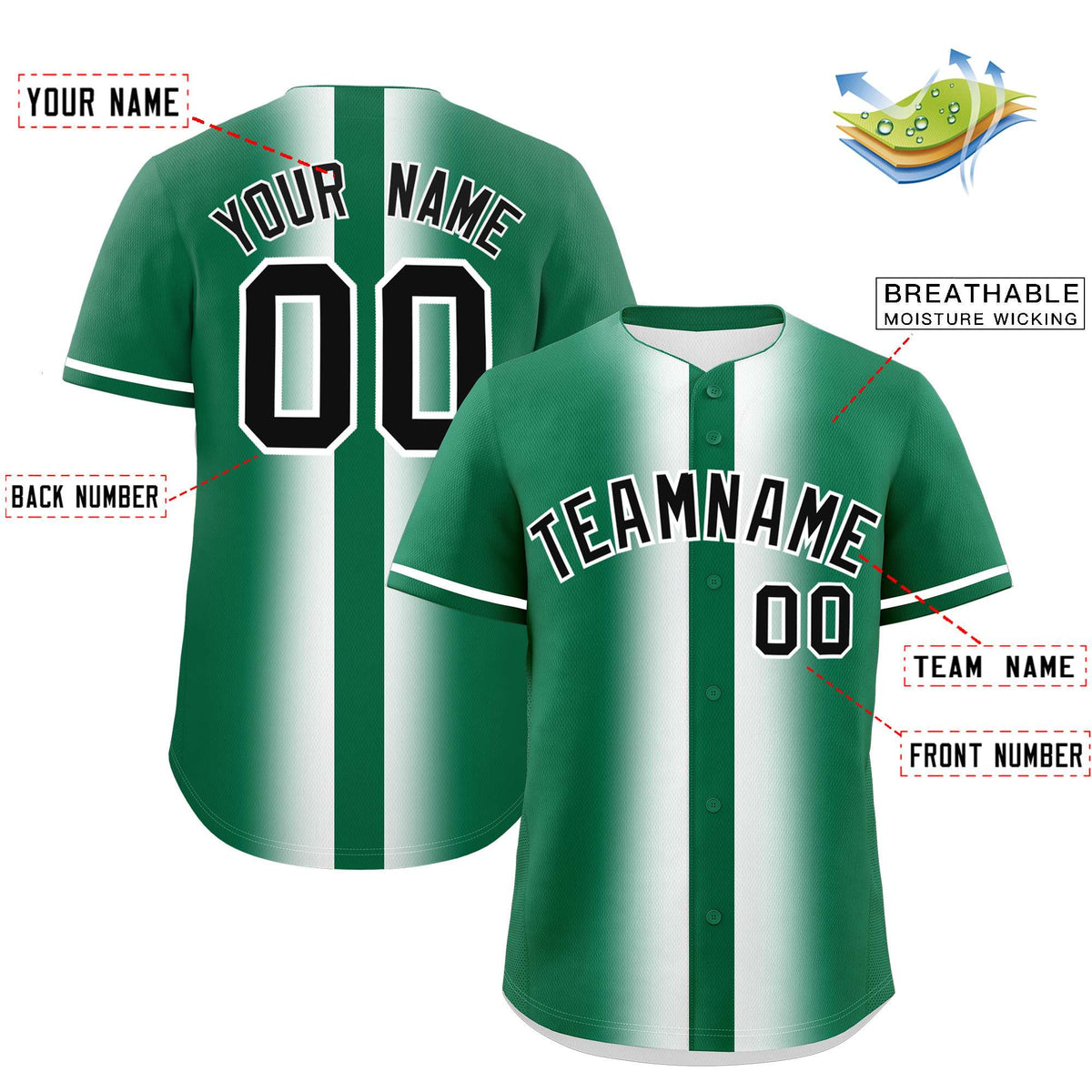 Custom Kelly Green White Lapel Gradient Fashion Authentic Baseball Jersey| KXKSHOP