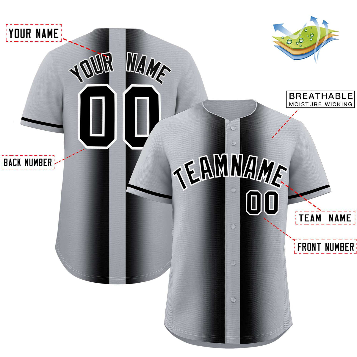 Custom Silver Black Lapel Gradient Fashion Authentic Baseball Jersey| KXKSHOP
