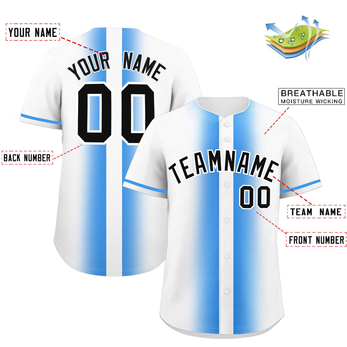Custom White Powder Blue Lapel Gradient Fashion Authentic Baseball Jersey| KXKSHOP
