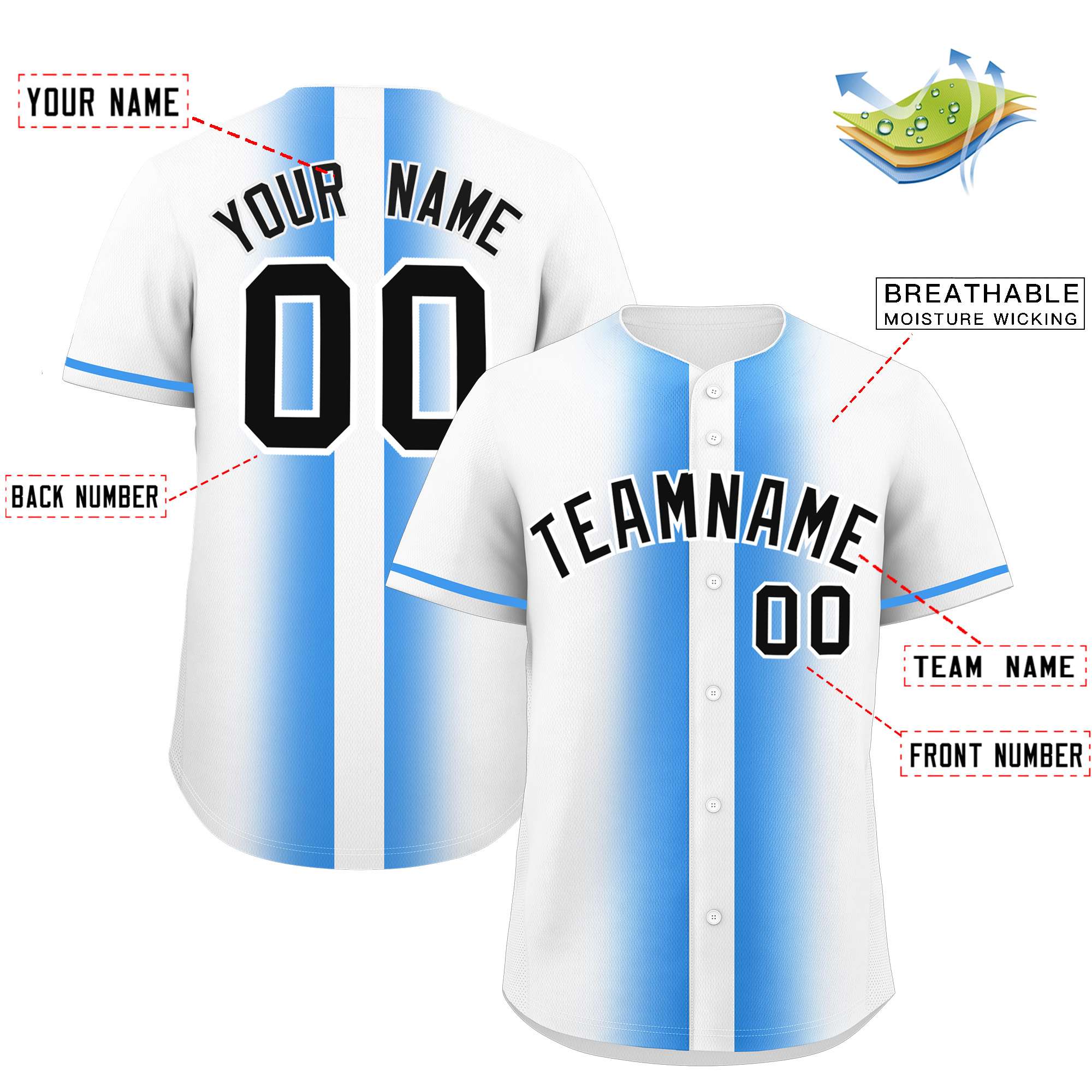Custom White Powder Blue Lapel Gradient Fashion Authentic Baseball Jersey| KXKSHOP