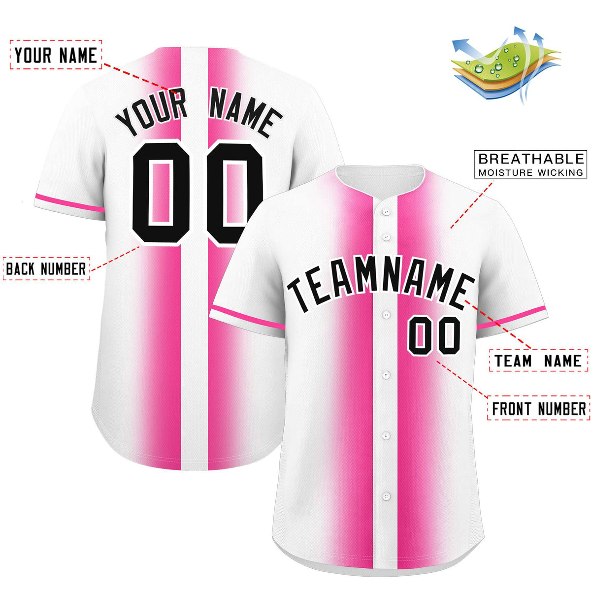 Custom White Pink Lapel Gradient Fashion Authentic Baseball Jersey| KXKSHOP