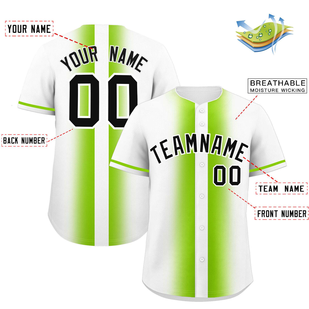 Custom White Neon Green Lapel Gradient Fashion Authentic Baseball Jersey| KXKSHOP