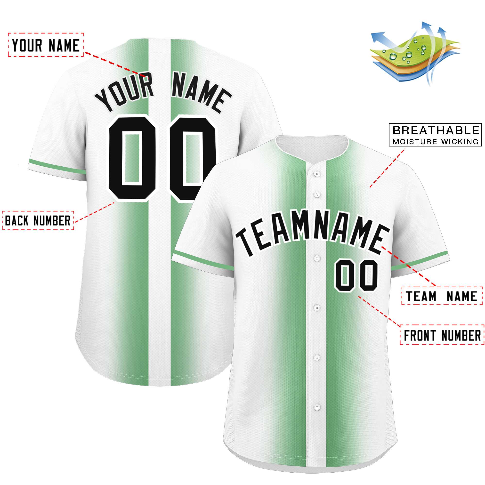 Custom Green White Lapel Gradient Fashion Authentic Baseball Jersey| KXKSHOP