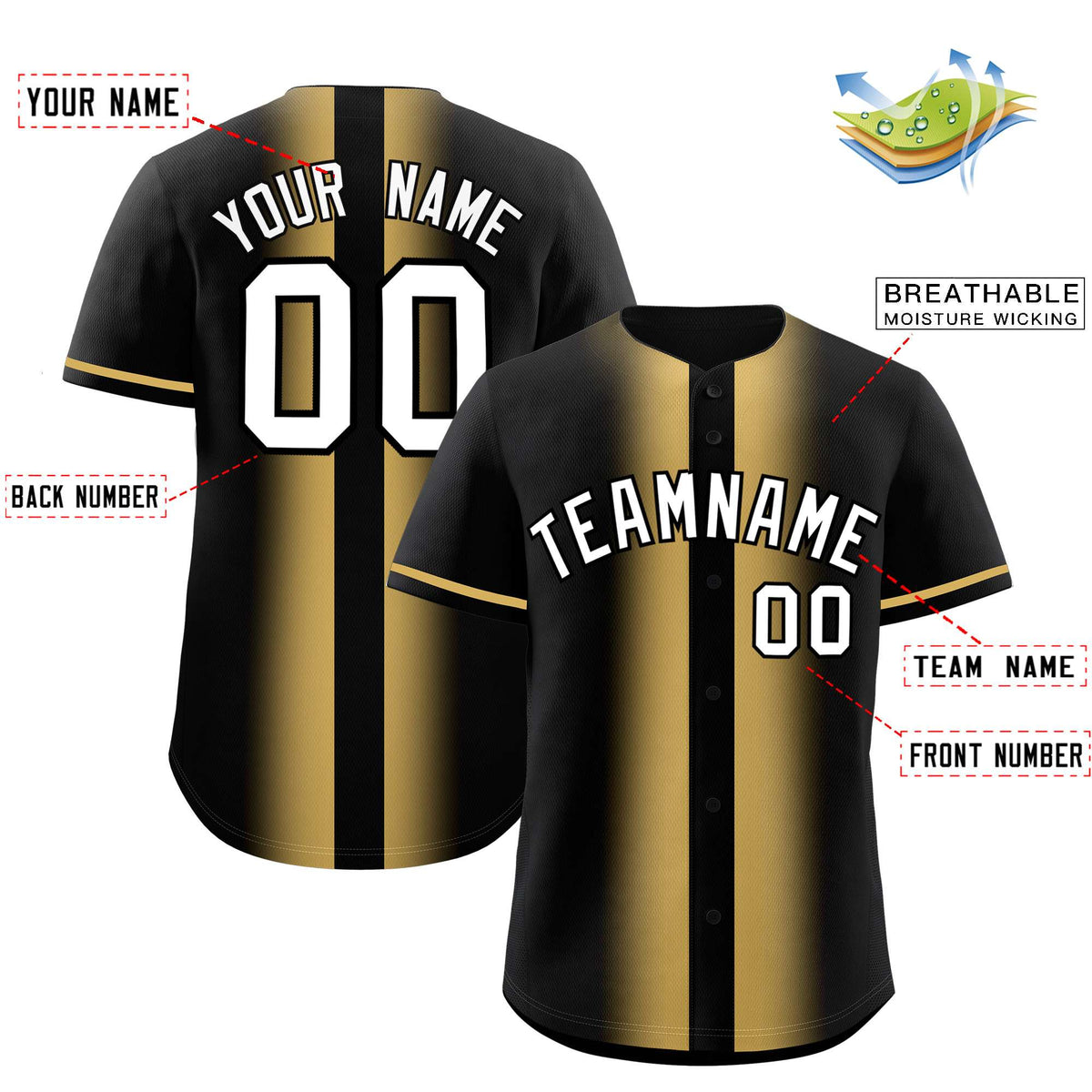 Custom Black Old Gold Lapel Gradient Fashion Authentic Baseball Jersey| KXKSHOP