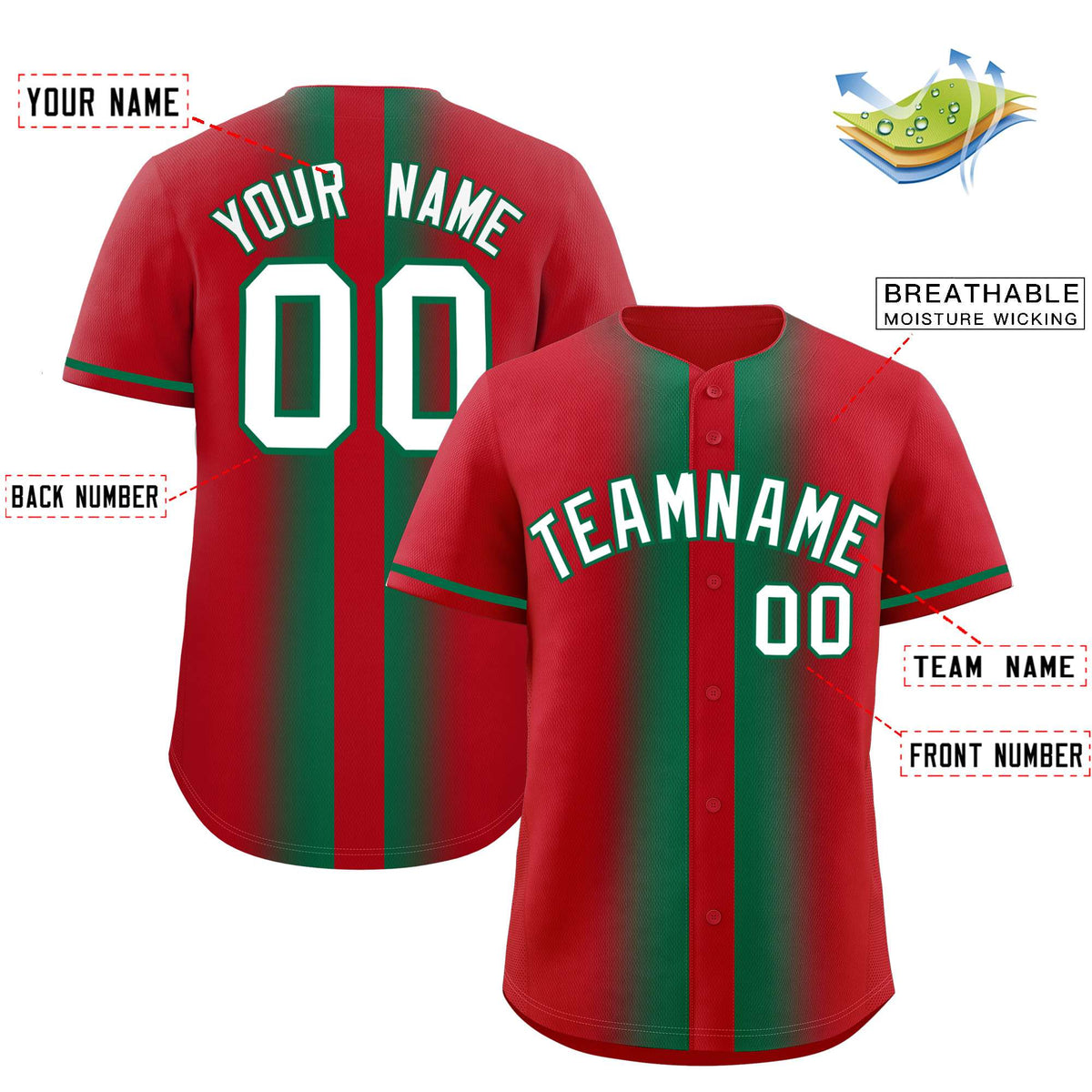 Custom Red Kelly Green Lapel Gradient Fashion Authentic Baseball Jersey| KXKSHOP