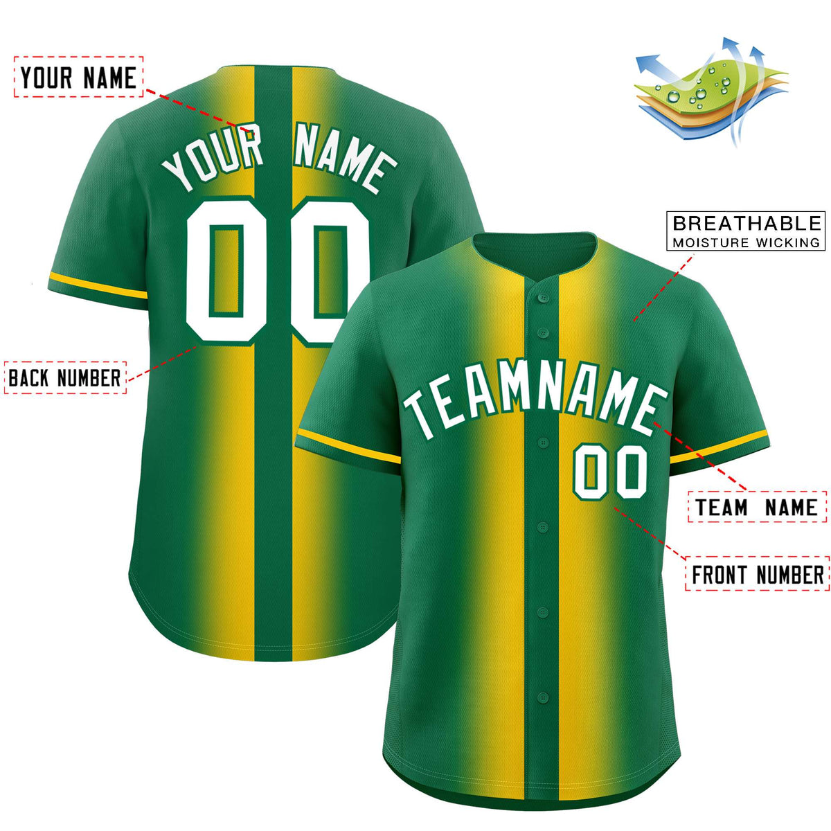 Custom Kelly Green Gold Lapel Gradient Fashion Authentic Baseball Jersey| KXKSHOP