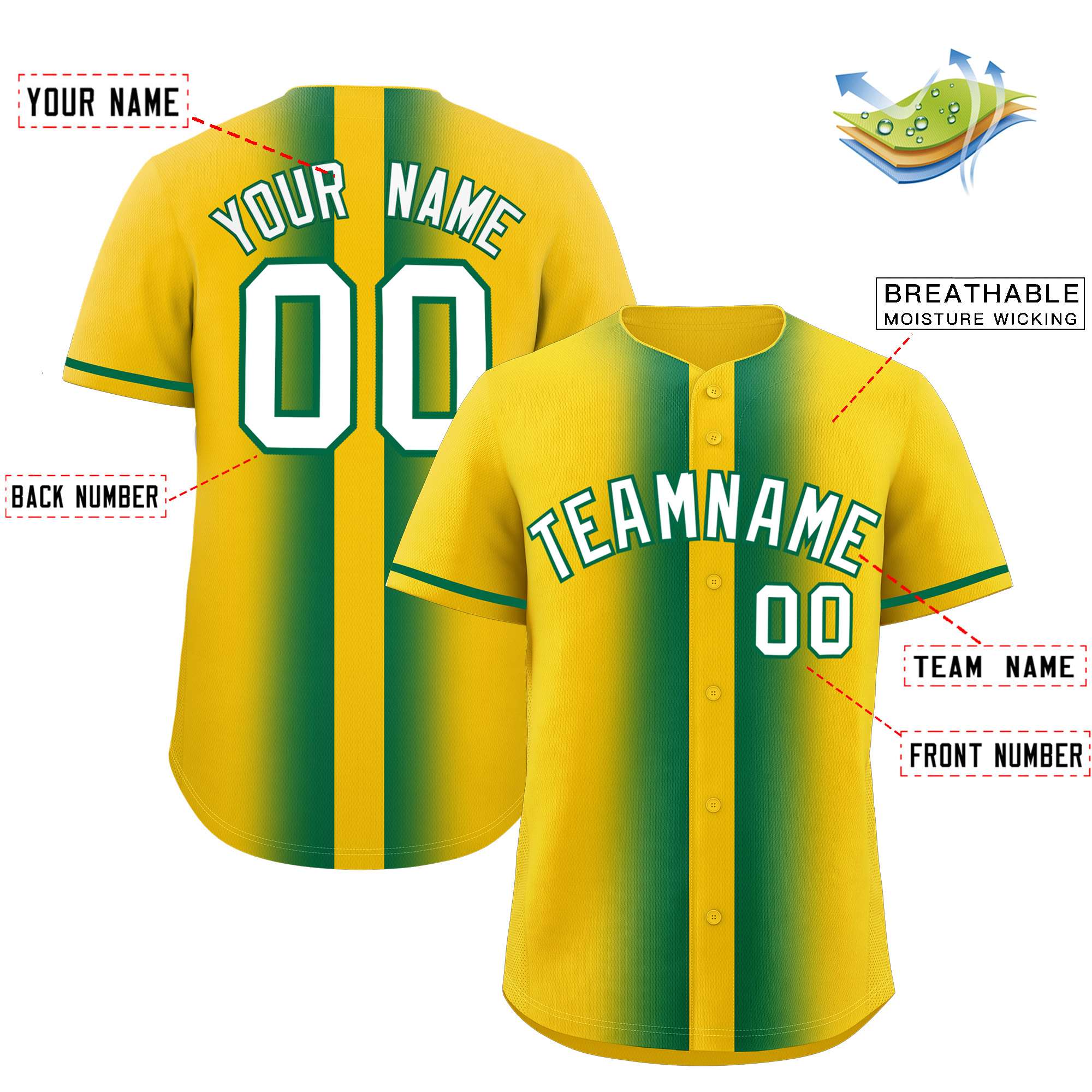 Custom Gold Kelly Green Lapel Gradient Fashion Authentic Baseball Jersey| KXKSHOP