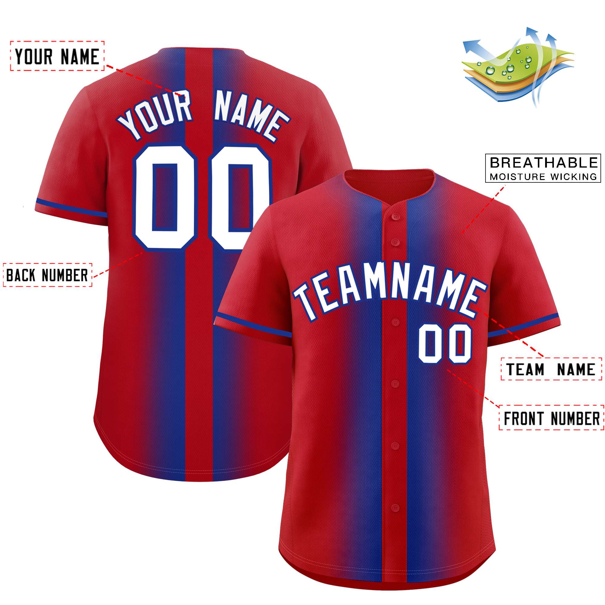 Custom Red Royal Lapel Gradient Fashion Authentic Baseball Jersey| KXKSHOP