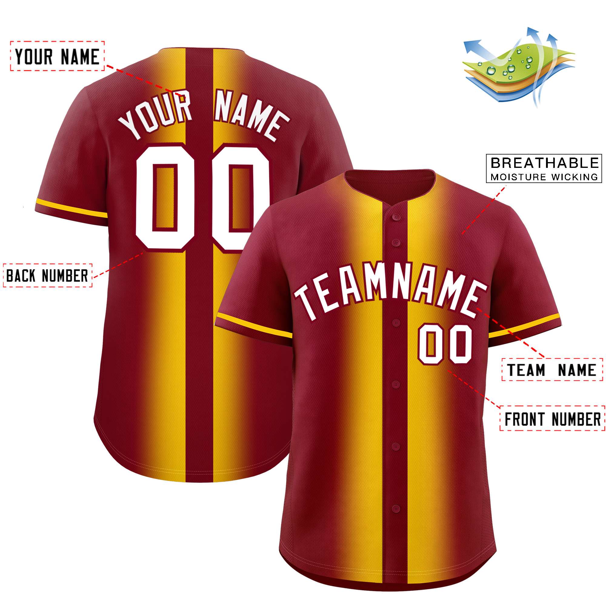 Custom Crimson Gold Lapel Gradient Fashion Authentic Baseball Jersey| KXKSHOP