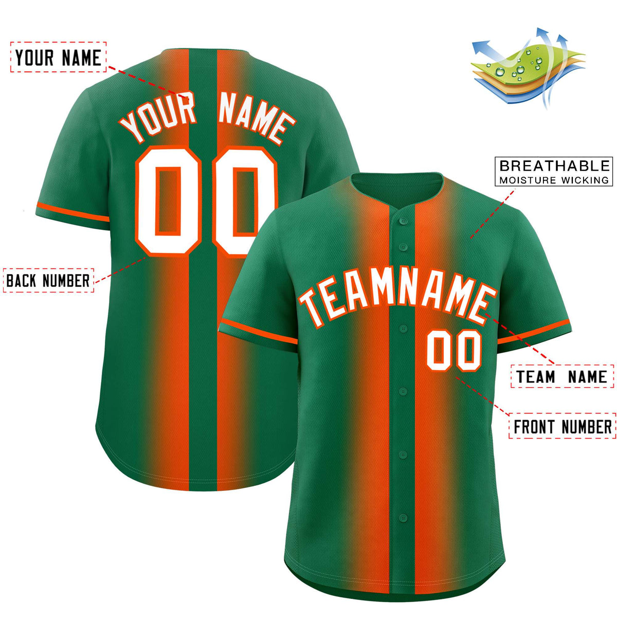 Custom Kelly Green Orange Lapel Gradient Fashion Authentic Baseball Jersey| KXKSHOP