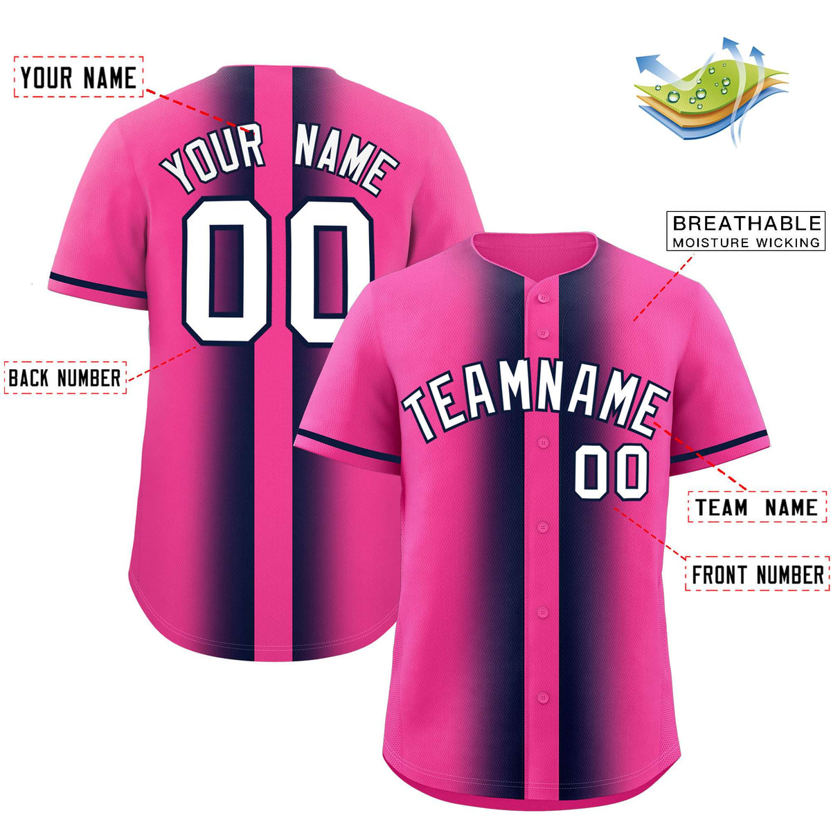 Custom Pink Navy Lapel Gradient Fashion Authentic Baseball Jersey| KXKSHOP