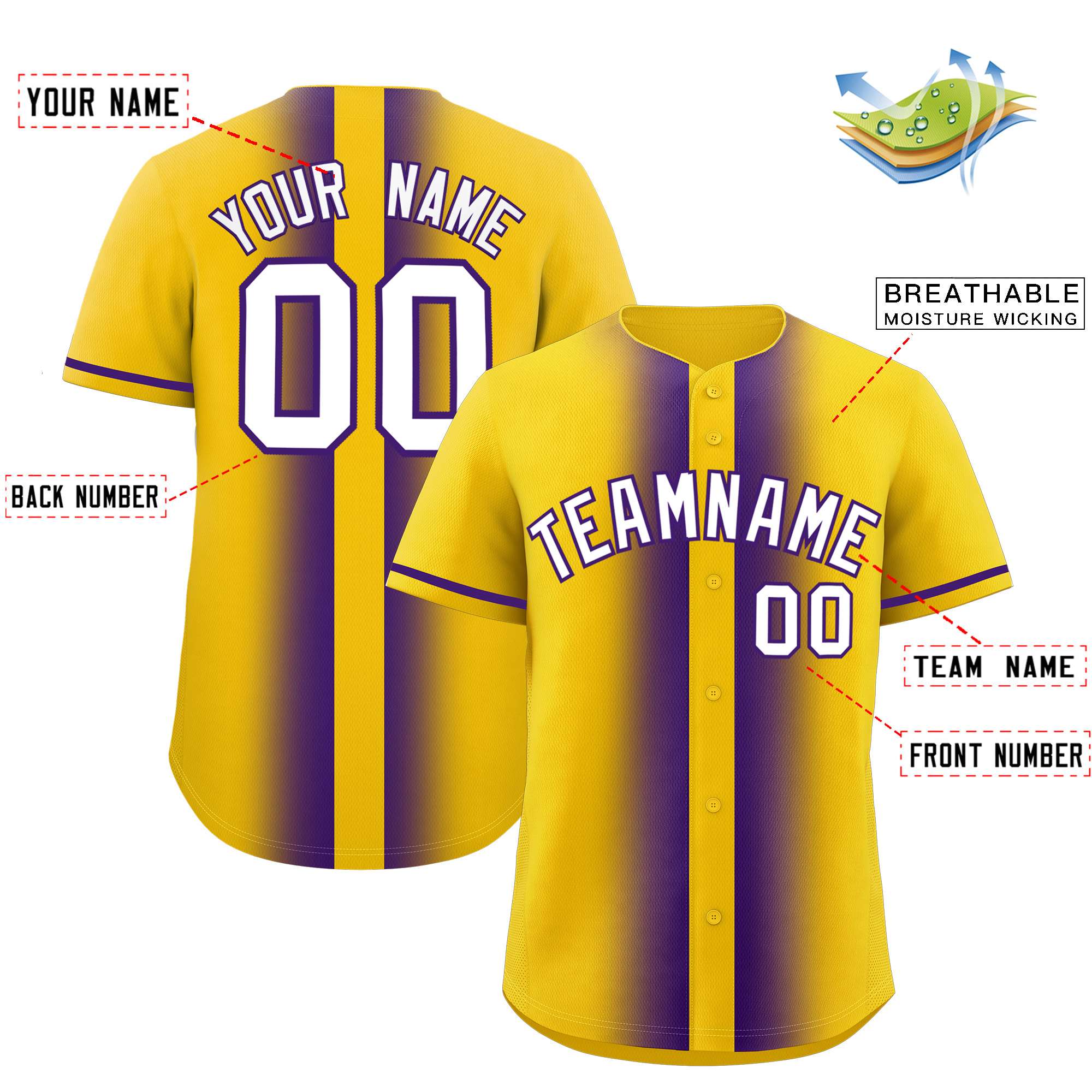 Custom Gold Purple Lapel Gradient Fashion Authentic Baseball Jersey| KXKSHOP