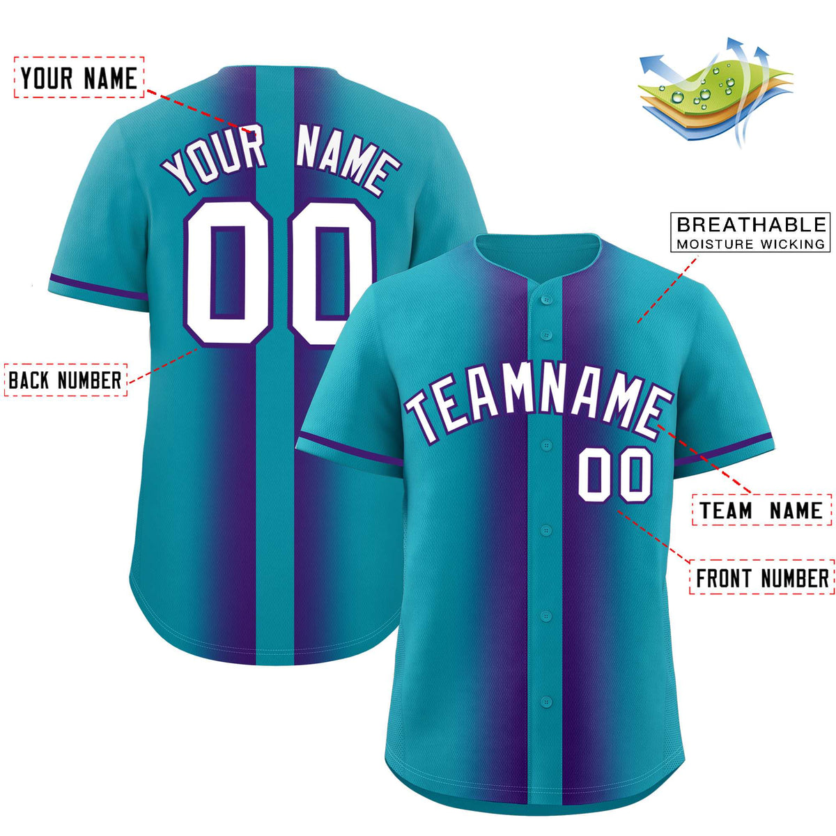 Custom Aqua Purple Lapel Gradient Fashion Authentic Baseball Jersey| KXKSHOP