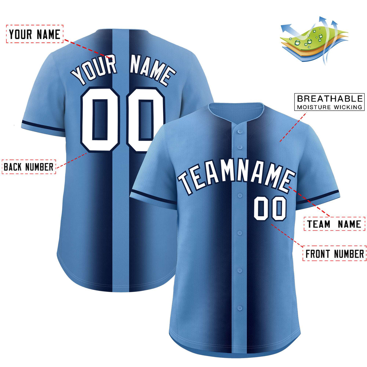 Custom Light Blue Navy Lapel Gradient Fashion Authentic Baseball Jersey| KXKSHOP
