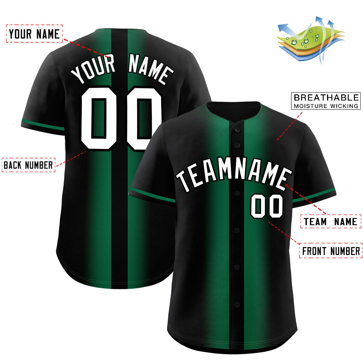 Custom Black Kelly Green Lapel Gradient Fashion Authentic Baseball Jersey| KXKSHOP