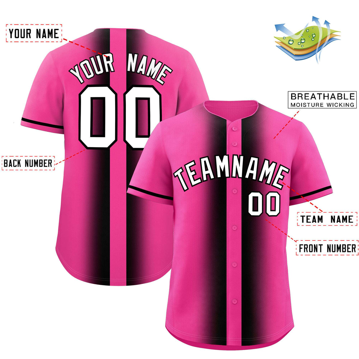 Custom Pink Black Lapel Gradient Fashion Authentic Baseball Jersey| KXKSHOP