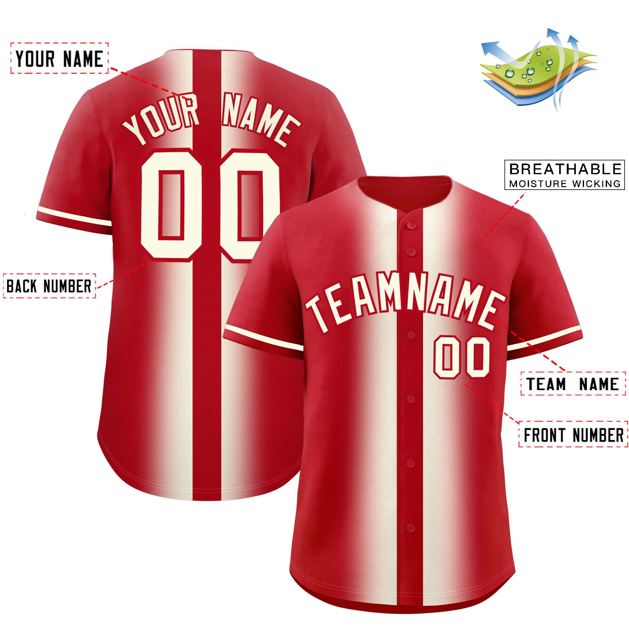 Custom Red Cream Lapel Gradient Fashion Authentic Baseball Jersey| KXKSHOP