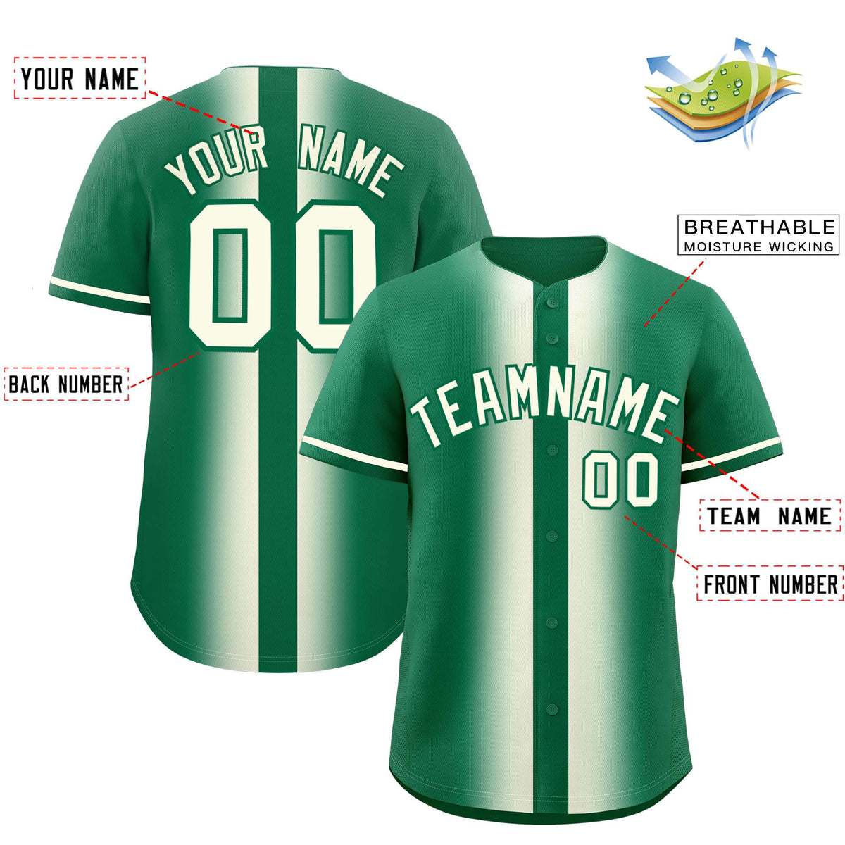 Custom Kelly Green Cream Lapel Gradient Fashion Authentic Baseball Jersey| KXKSHOP